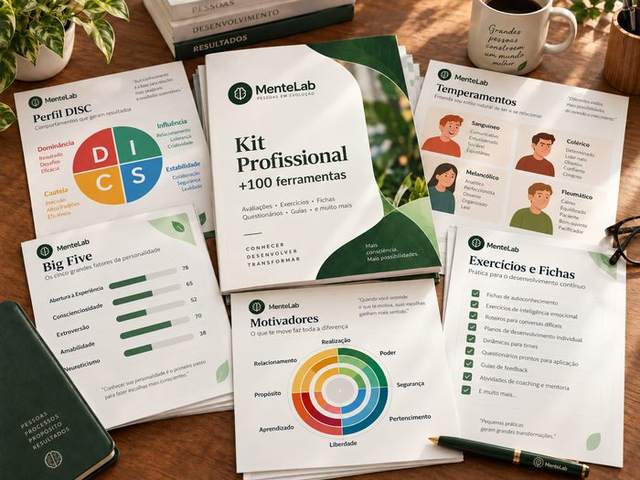 Kit Profissional MenteLab: fichas de DISC, Big Five, temperamentos, motivadores e exercícios organizados sobre uma mesa