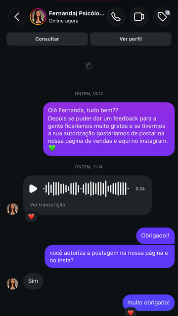 Conversa no Instagram em que a psicóloga Fernanda Cavalcanti envia o depoimento em áudio e autoriza a publicação