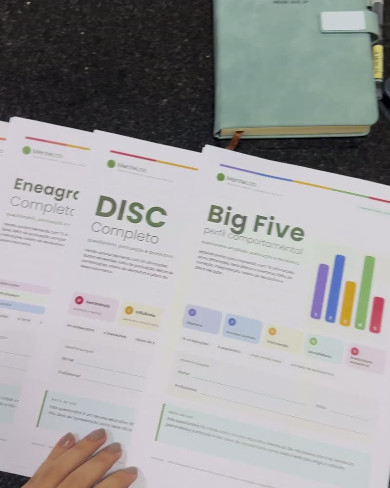 Testes DISC, Eneagrama e Big Five impressos sobre a mesa